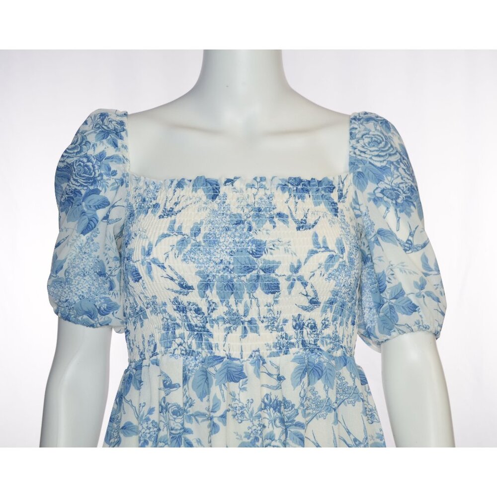 Sunday Up Birds & Flowers Smocked Short Puff Sleeve Midi Dress Blue/White Size S - Picture 2 of 5